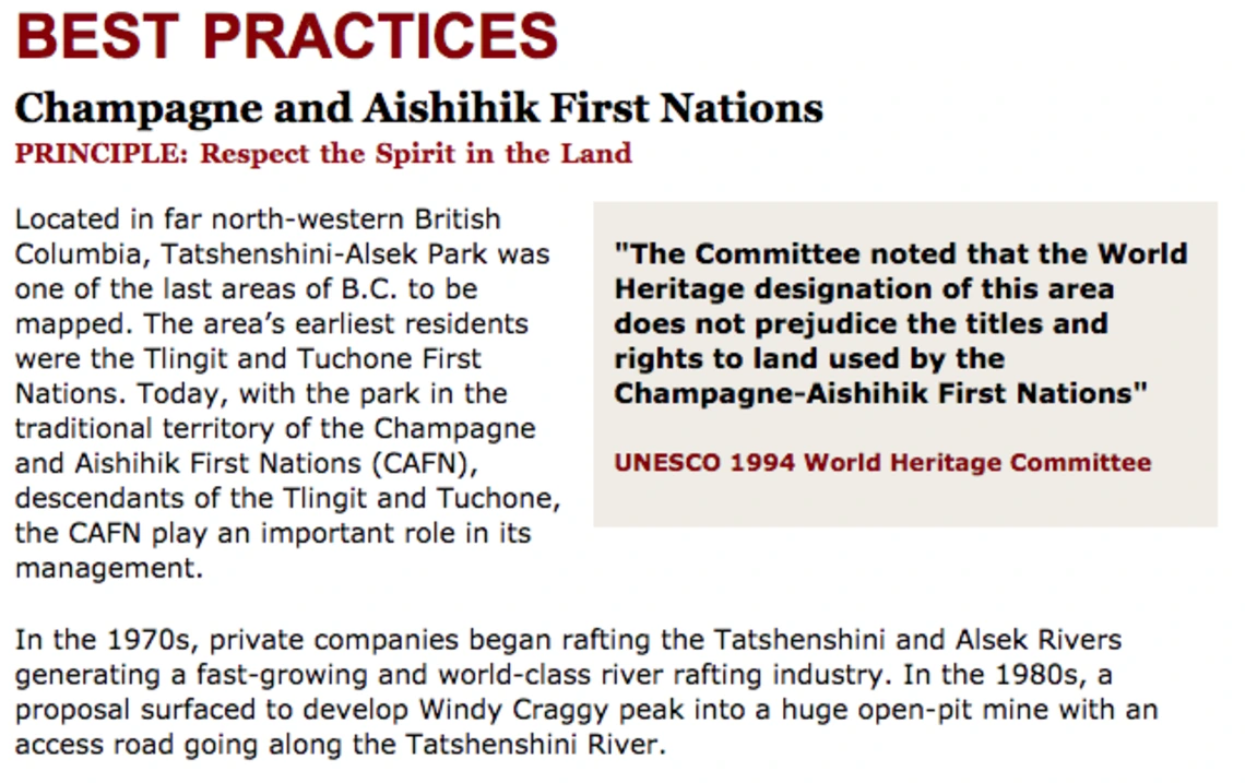 Best Practices Case Study (Respect the Spirit in the Land): Champagne and Aishihik First Nations