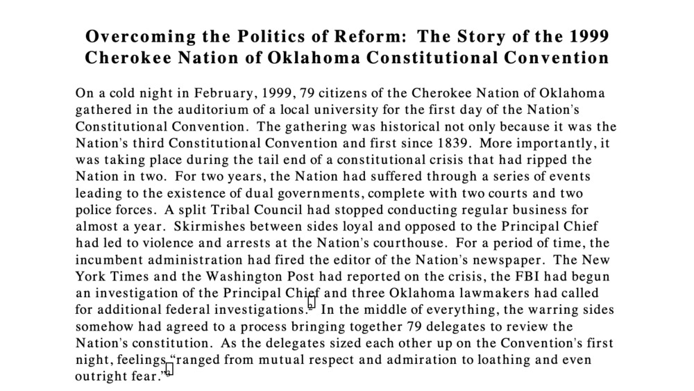 Overcoming the Politics of Reform: The Story of the 1999 Cherokee Nation of Oklahoma Constitutional Convention