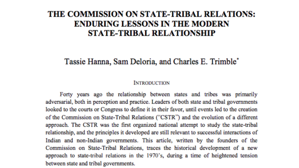 `The Commission on State-Tribal Relations: Enduring Lessons in the Modern State-Tribal Relationship The Commission on State-Tribal Relations: Enduring Lessons in the Modern State-Tribal Relationship