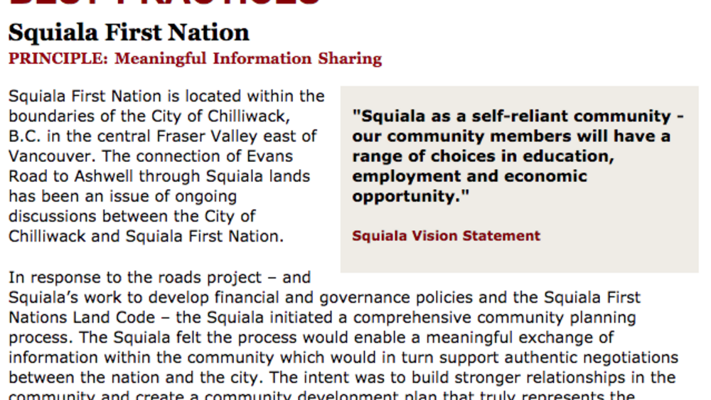 Best Practices Case Study (Meaningful Information Sharing): Squiala First Nation Best Practices Case Study (Meaningful Information Sharing): Squiala First Nation