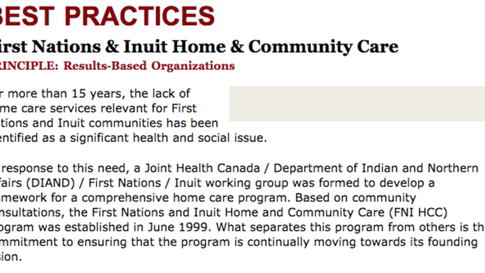 Best Practices Case Study (Results-Based Organizations): First Nations & Inuit Home & Community Care Best Practices Case Study (Results-Based Organizations): First Nations & Inuit Home & Community Care