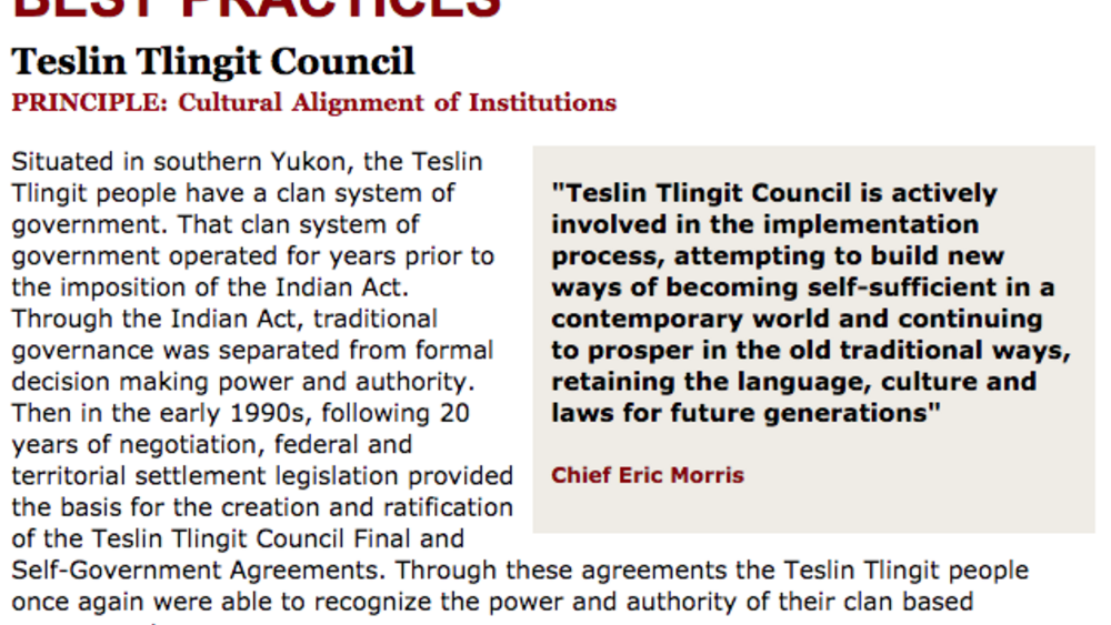 Best Practices Case Study (Cultural Alignment of Institutions): Teslin Tlingit Council Best Practices Case Study (Cultural Alignment of Institutions): Teslin Tlingit Council