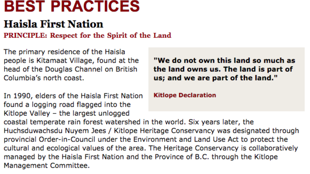 Best Practices Case Study (Respect the Spirit in the Land): Haisla First Nation Best Practices Case Study (Respect the Spirit in the Land): Haisla First Nation