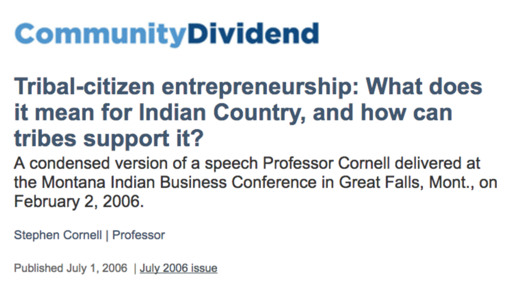 Tribal-citizen entrepreneurship: What does it mean for Indian Country, and how can tribes support it? Tribal-citizen entrepreneurship: What does it mean for Indian Country, and how can tribes support it?