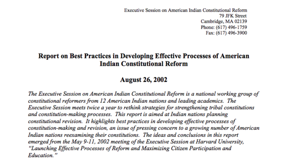 Report on Best Practices in Developing Effective Processes of American Indian Constitutional Reform Report on Best Practices in Developing Effective Processes of American Indian Constitutional Reform