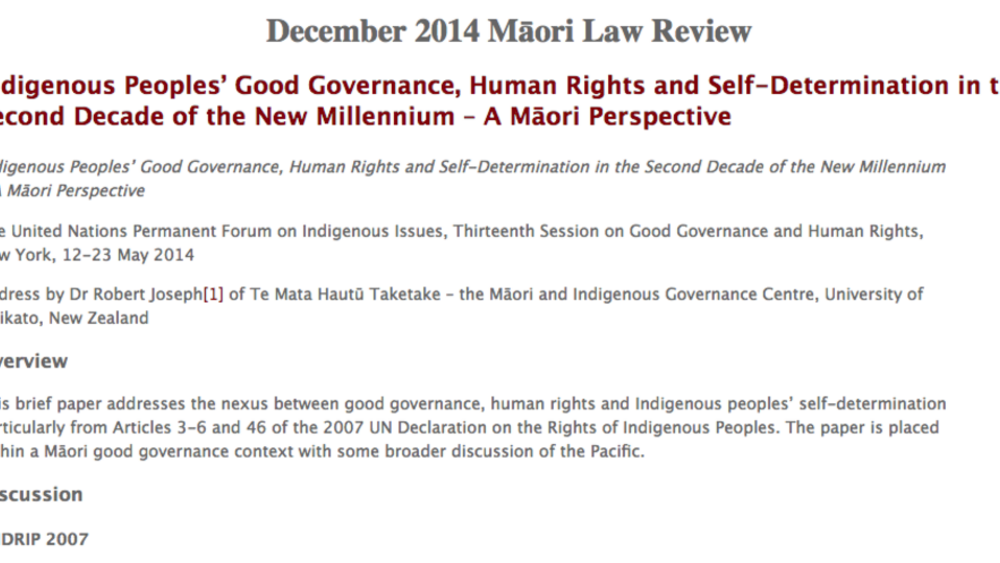 Indigenous Peoplesâ€™ Good Governance, Human Rights and Self-Determination in the Second Decade of the New Millennium â€“ A M?ori Perspective