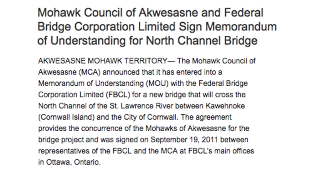 Mohawk Council of Akwesasne and Federal Bridge Corporation Limited Sign Memorandum of Understanding for North Channel Bridge Mohawk Council of Akwesasne and Federal Bridge Corporation Limited Sign Memorandum of Understanding for North Channel Bridge