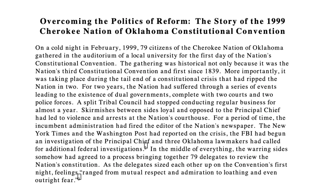 Overcoming the Politics of Reform: The Story of the 1999 Cherokee Nation of Oklahoma Constitutional Convention
