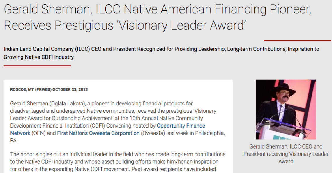 Gerald Sherman, ILCC Native American Financing Pioneer, Receives Prestigious â€˜Visionary Leader Awardâ€™