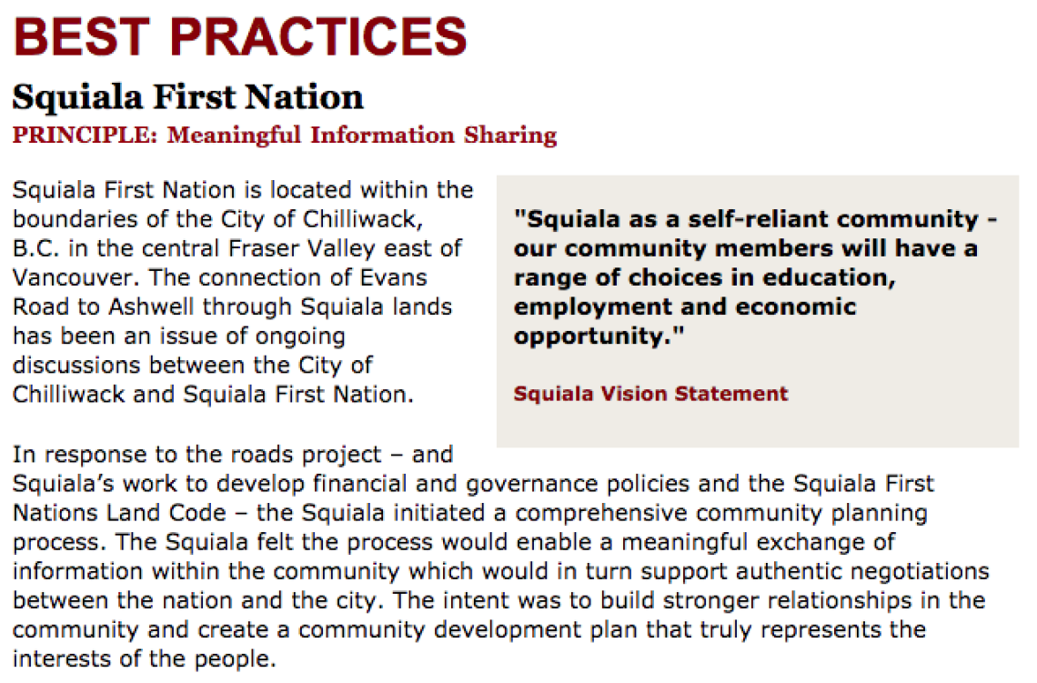 Best Practices Case Study (Meaningful Information Sharing): Squiala First Nation