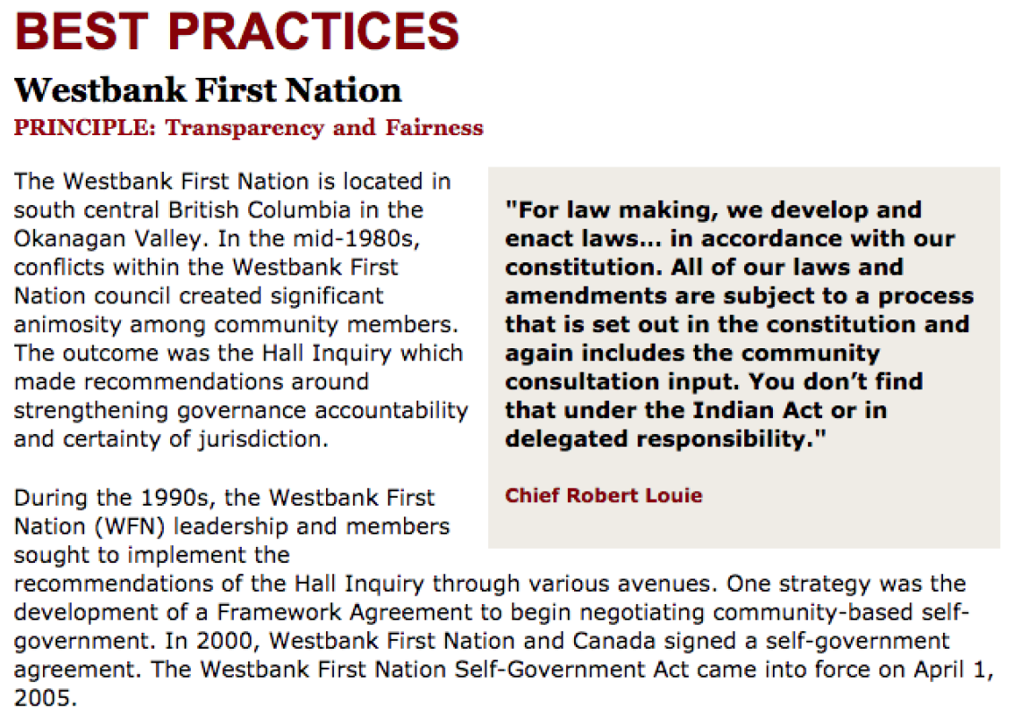 Best Practices Case Study (Transparency and Fairness): Westbank First Nation