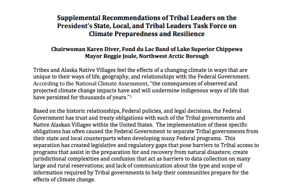 Supplemental Recommendations of Tribal Leaders on the Presidentâ€™s State, Local, and Tribal Leaders Task Force on Climate Preparedness and Resilience