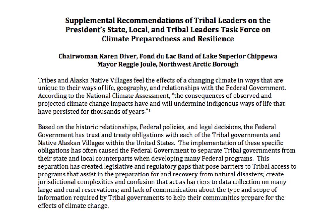 Supplemental Recommendations of Tribal Leaders on the Presidentâ€™s State, Local, and Tribal Leaders Task Force on Climate Preparedness and Resilience