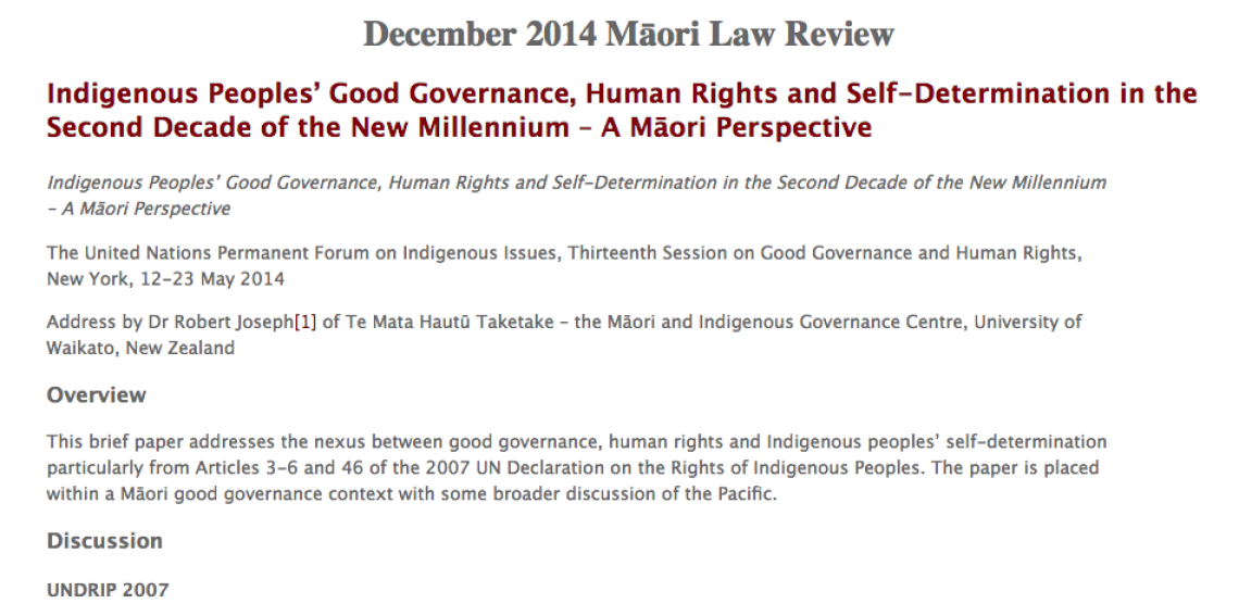 Indigenous Peoplesâ€™ Good Governance, Human Rights and Self-Determination in the Second Decade of the New Millennium â€“ A M?ori Perspective