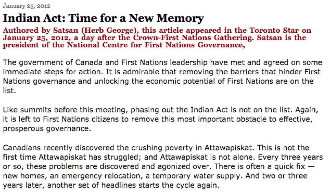 Indian Act: Time for a New Memory