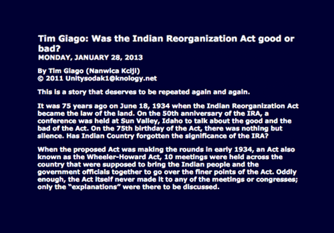 Tim Giago Was The Indian Reorganization Act Good Or Bad NNI Database