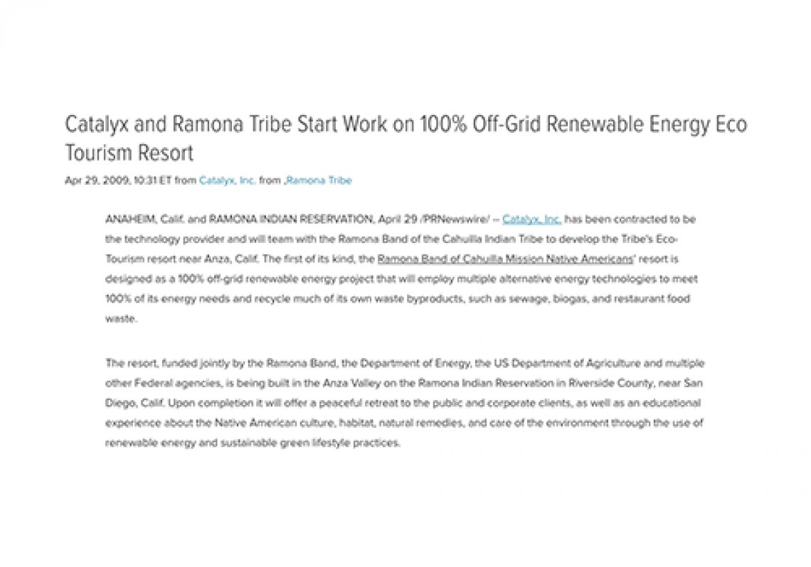 Catalyx and Ramona Tribe Start Work on 100% Off-Grid Renewable Energy Eco Tourism Resort