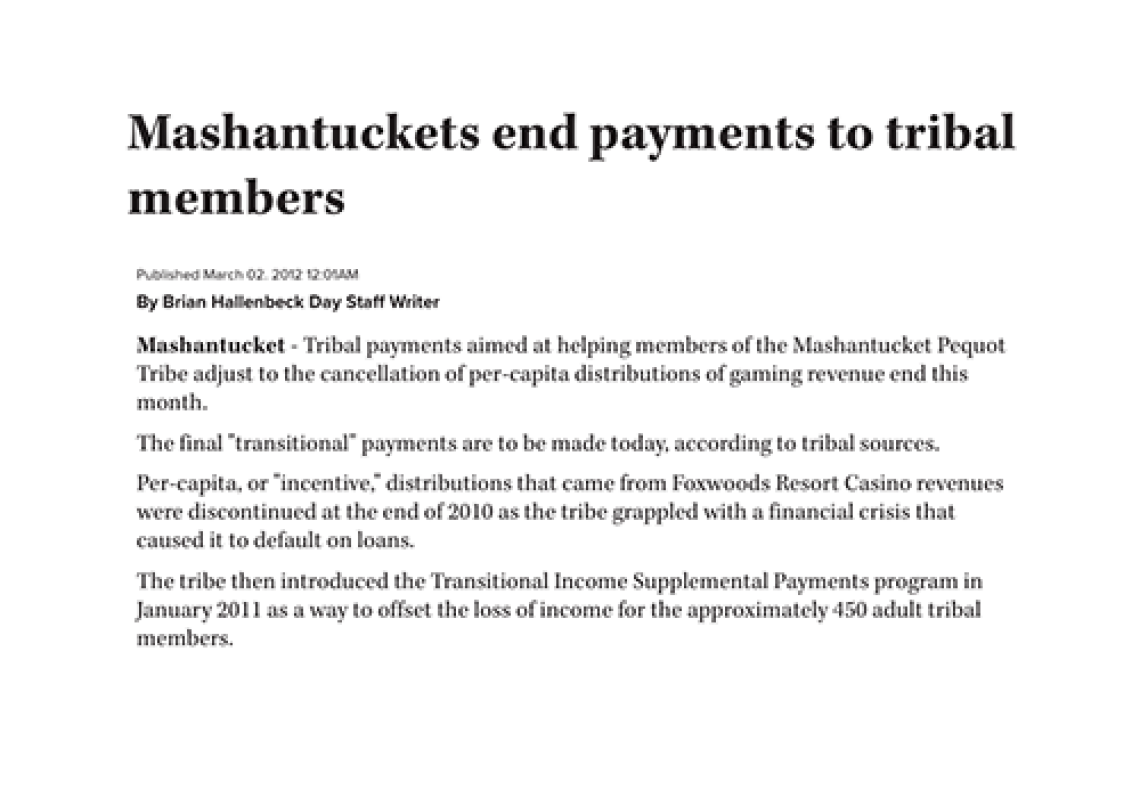 Mashantuckets end payments to tribal members