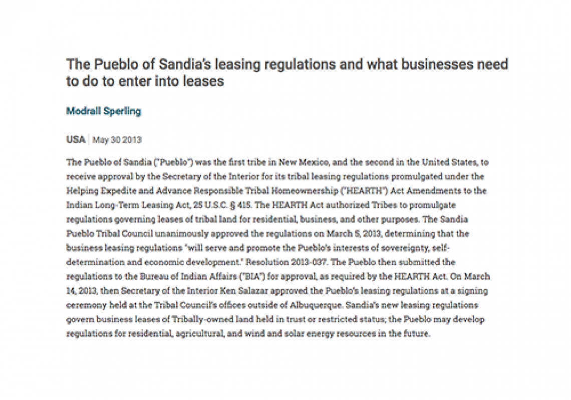 The Pueblo of Sandiaâ€™s leasing regulations and what businesses need to do to enter into leases