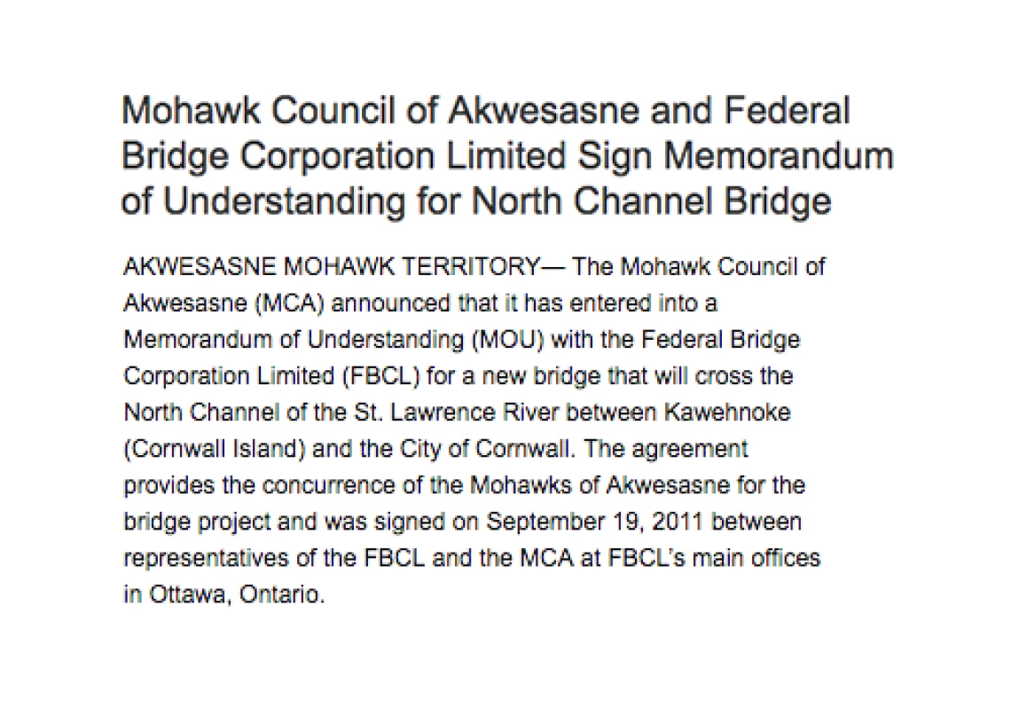 Mohawk Council of Akwesasne and Federal Bridge Corporation Limited Sign Memorandum of Understanding for North Channel Bridge