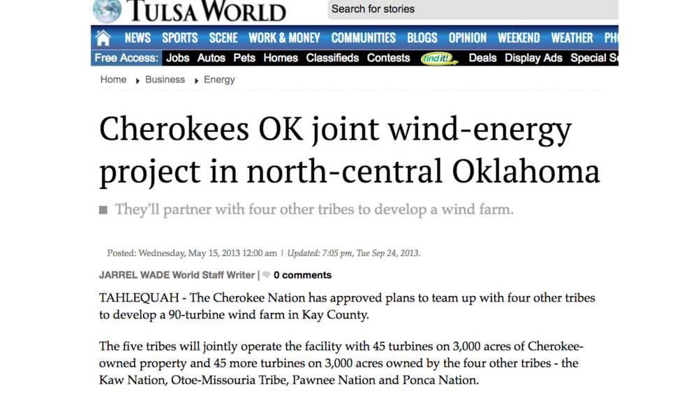 Cherokees OK joint wind-energy project in north-central Oklahoma