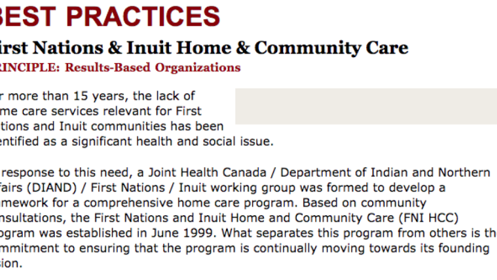 Best Practices Case Study (Results-Based Organizations): First Nations & Inuit Home & Community Care