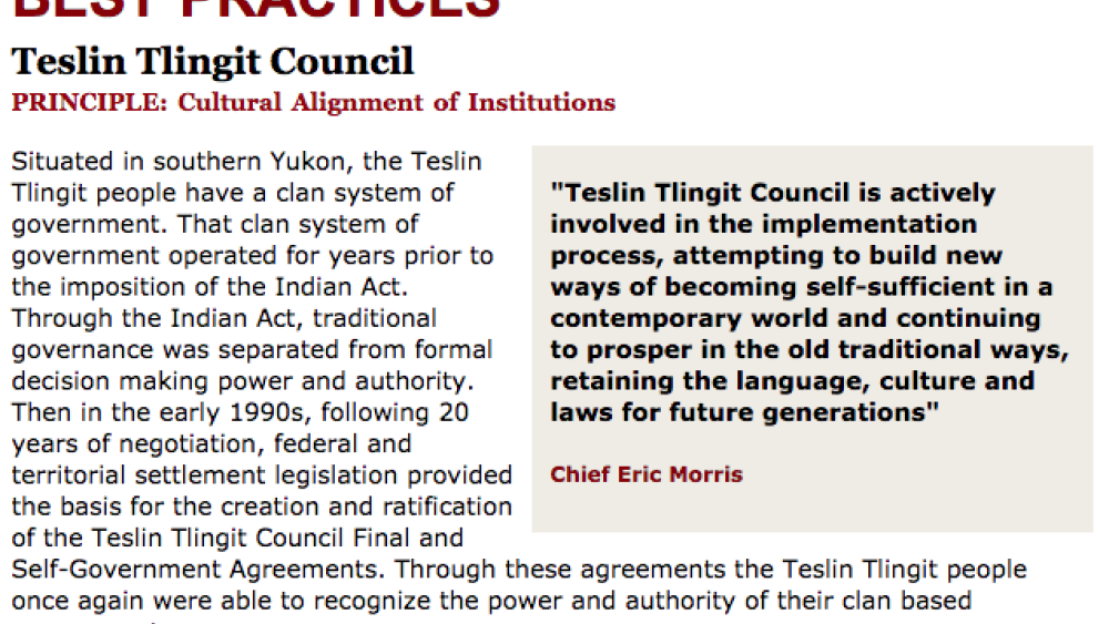 Best Practices Case Study (Cultural Alignment of Institutions): Teslin Tlingit Council
