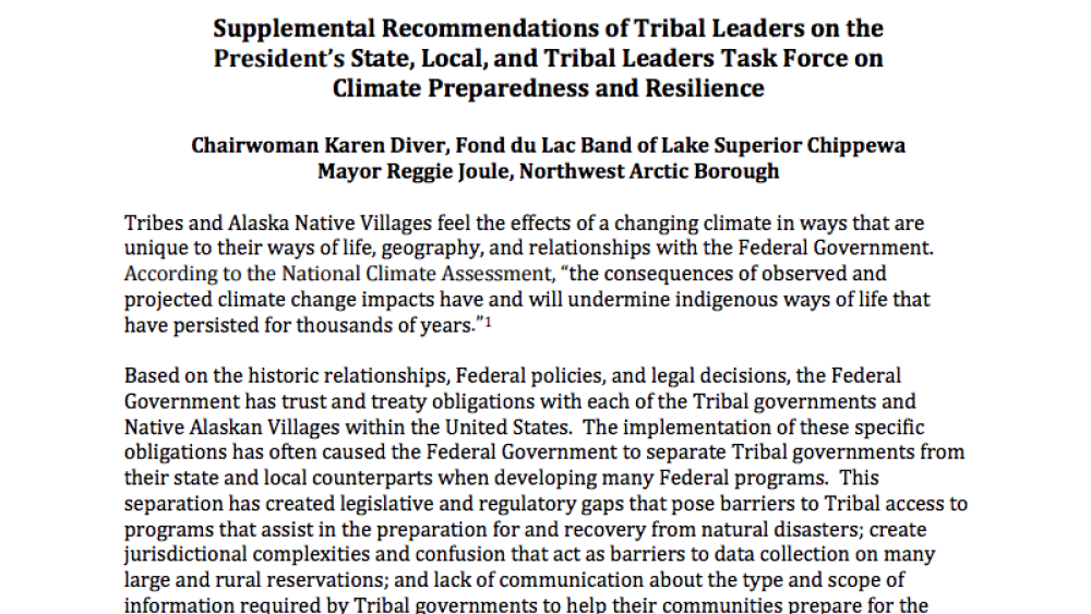 Supplemental Recommendations of Tribal Leaders on the Presidentâ€™s State, Local, and Tribal Leaders Task Force on Climate Preparedness and Resilience