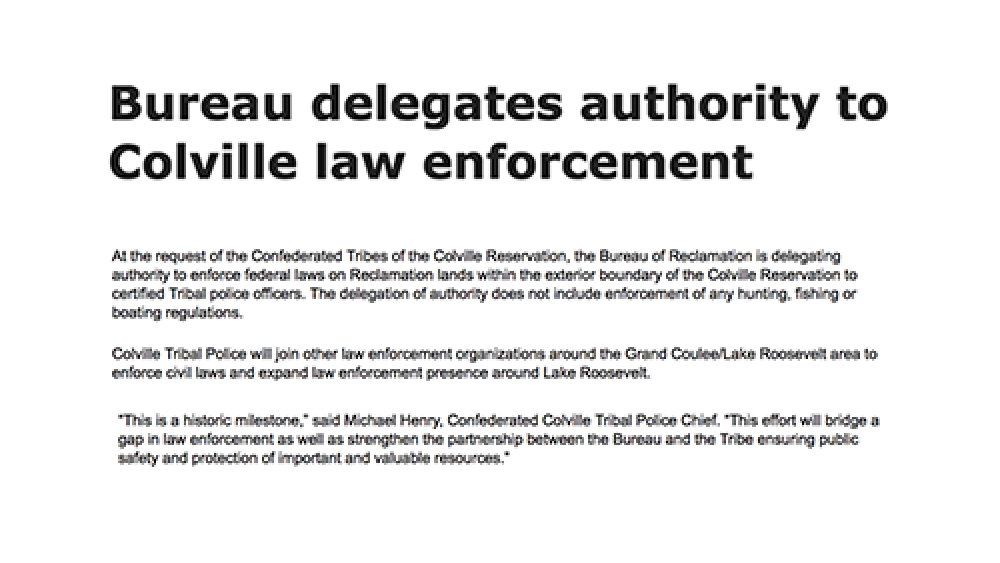 Bureau delegates authority to Colville law enforcement