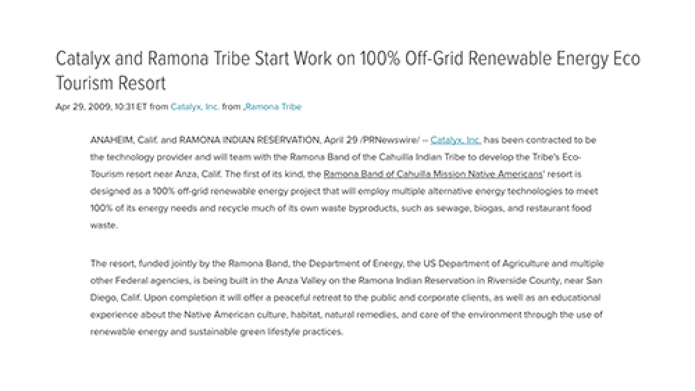 Catalyx and Ramona Tribe Start Work on 100% Off-Grid Renewable Energy Eco Tourism Resort