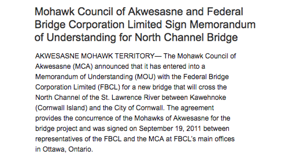 Mohawk Council of Akwesasne and Federal Bridge Corporation Limited Sign Memorandum of Understanding for North Channel Bridge